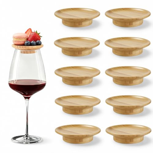 VETOLAKA 10 topper per bicchieri da vino in legno, 10 x 10 x 2 cm, per bicchieri da vino, charcuterie, tagliere per dessert, bevande, accessori per feste, cene in famiglia