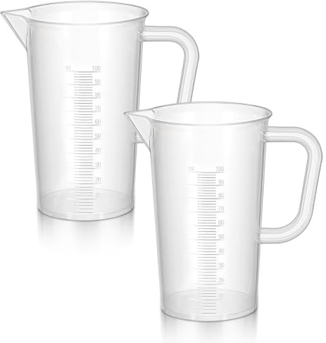 Lot de 2 gobelets doseurs avec balance - 100 ml - Mini verre doseur transparent avec poignée - En plastique résistant à la chaleur - Pour lessive, cuisine, pâtisserie, laboratoire, cuisine