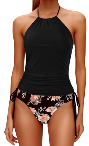 Maillot de Bain Femme Tankini Deux Pièces Collier à Cordon Haut Noir et Bas Rayé, pour Plage Piscine et Vacances d'Été Plusieurs Tailles