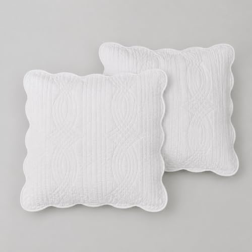 Lot de 2 Taies d'oreiller Matelassées 100% Coton, Bord Festonné, Fermeture à Nouettes, Blanc, Style Maison Française (65x65cm x2)