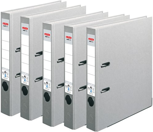 HERLITZ Ordner maX.file nature+ A4 5cm | Kraftpapierbezug selbstklebendes Rückenschild | 5er Sparpack in diversen Farben zur Auswahl (schmal 5cm | 5er Pack, Grau)