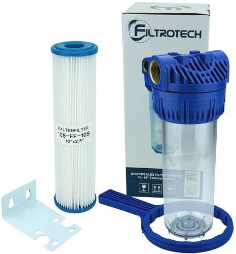 FILTROTECH Wasserfilter 10 Zoll, Anschluss 1 Zoll, inkl. Faltenfilter | Vorfilter für Gartenpumpe und Hauswasserwerk, Messing-Innengewinde, transparenter Filtertopf, mit Schlüssel und Wandhalter