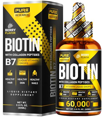 PURE RESEARCH Liquid Biotin & Collagen Hair Growth Drops 60,000mcg – Biotin and Liquid Collagen Supplements for Women & Men – Supports Glowing Skin, Healthy Hair & Nail Growth (2Fl Oz)