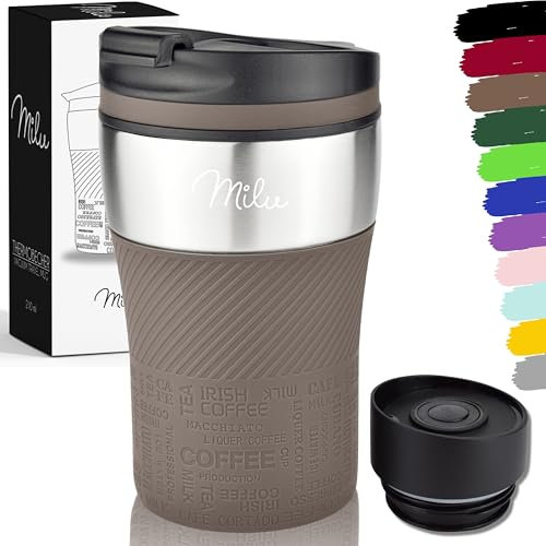 Milu Thermobecher Kaffee to go - 210ml - 100% Auslaufsicher – Isolierbecher, Kaffeebecher, Trinkbecher aus Edelstahl - Autobecher doppelwand Isolierung - Travel Mug (Braun)