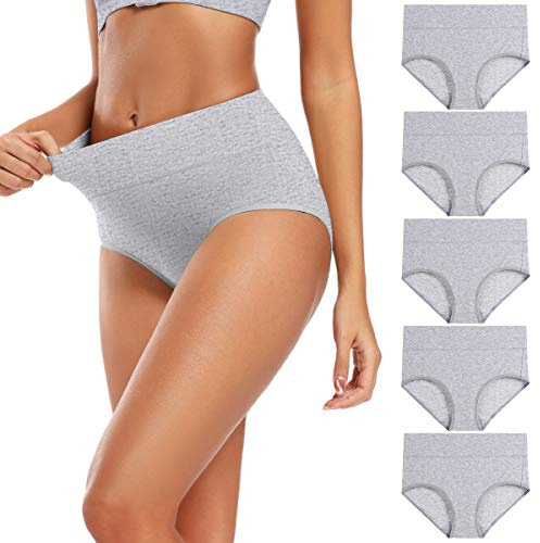 Molasus Women's Soft Cotton Underwear Briefs High Waisted Postpartum Panties Ladies Full Coverage Plus Size Underpants Grey,Size 5