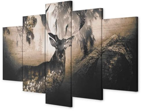 murando - Wandbilder XXL Tiere Bretter 225x112cm 5 tlg - Wand Deko Leinwand Bilder Groß Wanddeko Wohnzimmer Schlafzimmer Kunstdrucke - Hirsch Wald g-A-0225-b-o