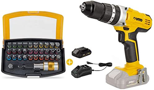 Taladro atornillador de 20 V + batería de 2 Ah de litio + 32 puntas atornilladas VITO EGO LII + cargador rápido