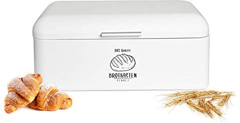 Sendez Grande boîte à pain, en métal, avec couvercle rabattable, 42 x 22,5 x 17 cm, look rétro, blanche