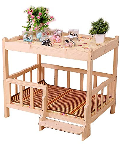 JLXJ Hundebett Hundeliege Holz 2 Tier Haustier Hunde Bett Sofa mit Treppen Und Zaun, Tragbare Sommermatratze, Erhöhte Kühlung Hölzerne Haustiere Kinderbett für Drinnen Draussen (Size : X-Large)