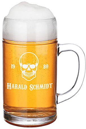 polar-effekt Maßkrug mit Wunschname graviert - Bierkrug 1 Liter mit Name und Jubiläumszahl - Geschenk für Oktoberfest und Bayern Fans - Geburtstag und Weihnachten - Motiv Totenkopf