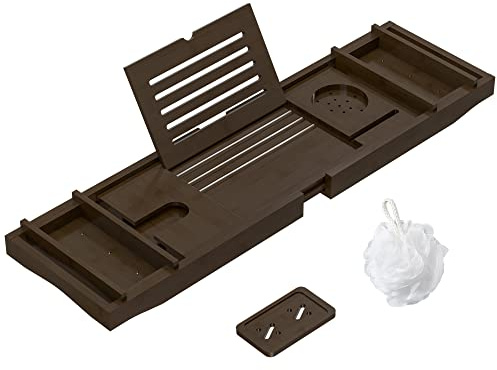 Bamboo Bathtub Tray for Luxury Bathroom, Expandable Premium Bath Tray w/Soap Towel Book Holder, Adjustable Bath Accessories for Tub,Extendable Tub Tray w/Wine Glass Cup Organizer 29.5-43.3 Espresso