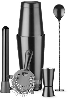 HENDI Set de bar dans un tube, BarUp, outils pour barman: shaker Boston, passoire Hawthorne, jigger double, pilon et cuillère à cocktail en spirale avec disque pilon, ø120x(H)320mm, inox noir