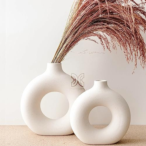 mengamu Donut Vase für Pampasgras, Blumenvase modern, Boho deko vase, Moderne Heimdekoration, dekorative Keramikvase, Tischdekoration, vase beige, Badezimmer, Wohnzimmer deko modern