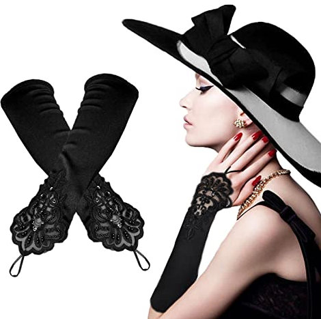 TSHAOUN Schwarze Opera Lange Handschuhe,Damen Satin Classic Opera Fest Party Audrey Hepburn,1920er Jahre Zubehör Fingerlose Handschuhe 20's Accessoires (Black)