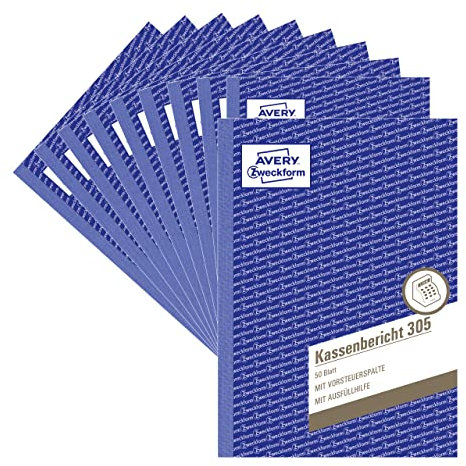 AVERY Zweckform 305-10 Kassenbericht (A5, mikroperforiert, von Rechtsexperten geprüft, für Deutschland und Österreich zur ordnungsgemäßen, kostengünstigen Buchführung, 50 Blatt) 10er-Pack, weiß