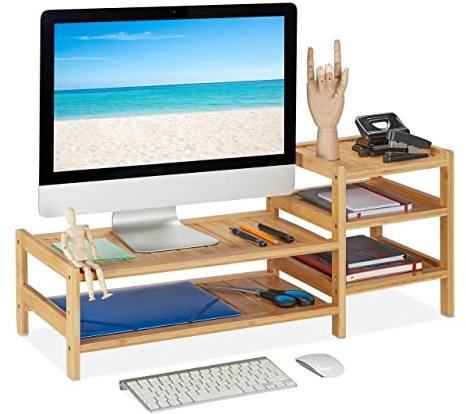 Relaxdays Monitorständer Bambus, 5 Ablagen, Bildschirmerhöhung Schreibtisch, HBT: 33x80x30 cm, Monitorunterbau, Natur