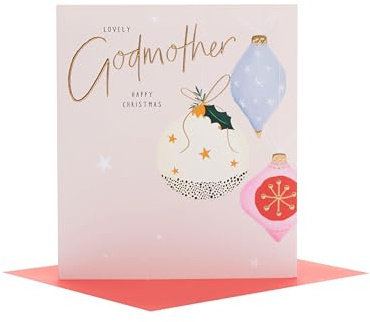 UK Greetings Weihnachtskarte für Patentante mit Umschlag - schönes Design mit Kugeln und Weihnachtspudding