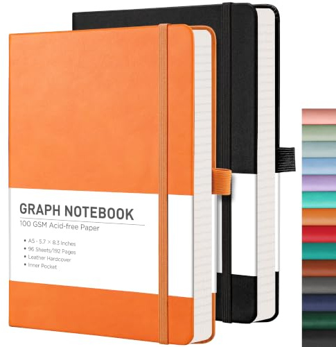 RETTACY Graph Paper Notizbuch, A5, 2 Stück, 384 Seiten, kariert, mit 100 g/m² Millimeterpapier, Stifthalter, Innentasche, für Büro, Schule, Arbeit, Damen, Herren, Arbeit, 14,5 x 21 cm, Schwarz/Orange