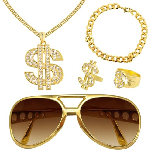 5 PCS Dollar Kette set,Hip Hop Kostüm Set,Dollar Zeichen Goldkette kit | Goldkette Sonnenbrille Goldring, 80s/90s Rapper Accessories, Hiphop Punk Gold Kette, Fasching Accessoires, Mottoparty