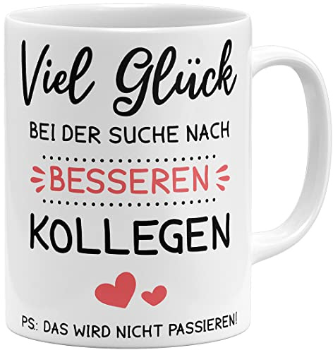 OM3® Viel Glück bei der Suche nach genauso besseren Kollegen Kaffee-Tasse mit Spruch Abschiedsgeschenk | Keramik Becher | 11oz 325ml | Beidseitig Bedruckt | Weiss