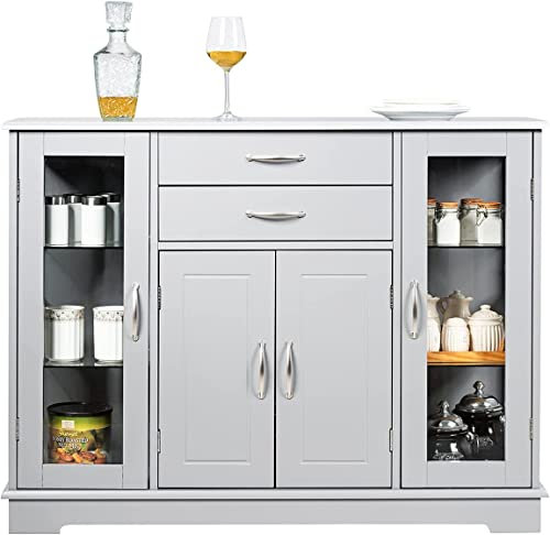 GiantexUK Kitchen Sideboard, Wooden Buffet Cabinet with 2 Slide Drawers and 5 Adjustable Shelves, Freestanding Storage Cupboard Unit for Living Room, Dining Room and Hallway (Grey)