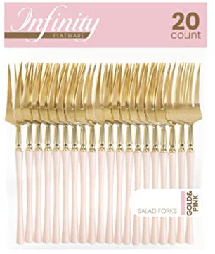 PlasticPro 20 Count Gold and Pink Plastic Salad Forks Premium Quality Heavy Duty Disposable Elegant Silverware Two Tone Salad Forks for Party