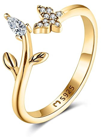 Anillos de mujer en plata de ley con una mariposa y una hojita. Anillo plata mujer con acabado plateado o dorado. Joyería ideal para parejas, regalo para madres, amigas... Anillos para parejas