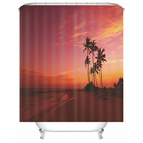 Whoiy Shower Curtain Orange, Duschrollo Um Die Ecke 150X200cm Polyester Duschvorhang Kokosnussbaum Sonnenuntergang für Badezimmer Badewanne