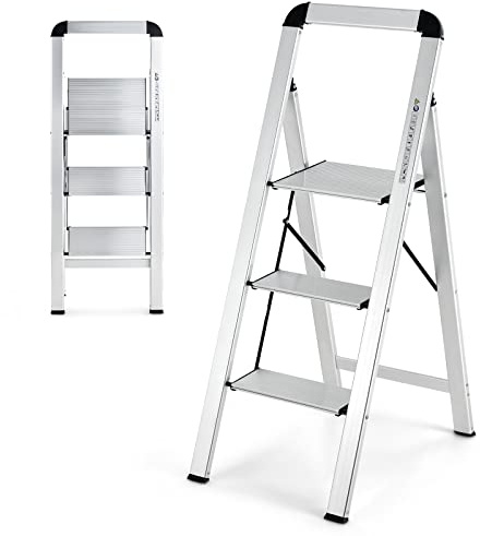 COSTWAY Marchepied Pliable 3 Marches en Aluminium (62 x 44 x 109 cm) | Escabeau Portable avec Plateforme Large et Marche Antidérapante, Pieds en Caoutchouc, Charge 150KG pour Maison et Bureau