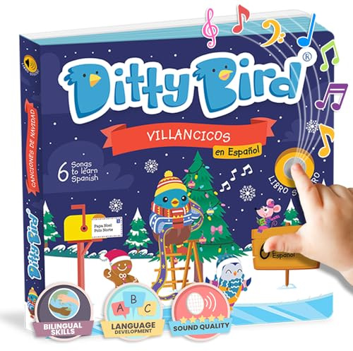 Ditty Bird Musical Navideño Español para Niños Pequeños - Interactivo Bilingüe con Cascabeles y Canciones para Bebés de 1 a 3 Años | Resistente