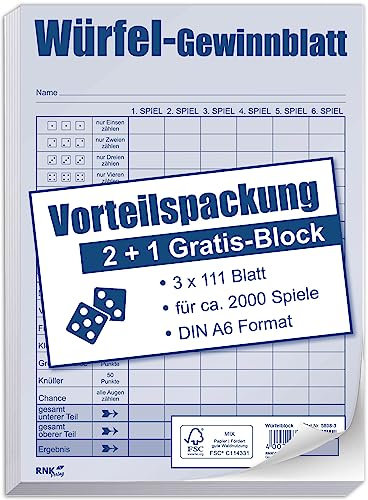 RNKVERLAG 5808-3 - Confezione di vantaggio per giochi a dadi DIN A6, 3 blocchi, 111 fogli ciascuno per circa 2000 giochi