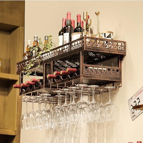 Industrial Wall Mounted Wine Rack Free Standing, Wine Bottle Stemware Glass Rack, Floating Shelf Pipe Hanging Shelving With Glass Holders For Wine Glasses, Flutes, Mugs, Kitchen, Bar ( Color : Brass ,