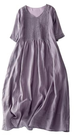 ORANDESIGNE Robe Ete Femme Robe Lin Longue Col en V Ample Kaftan Manche Courte Rétro Boho Midi Robes de Plage Vacances
