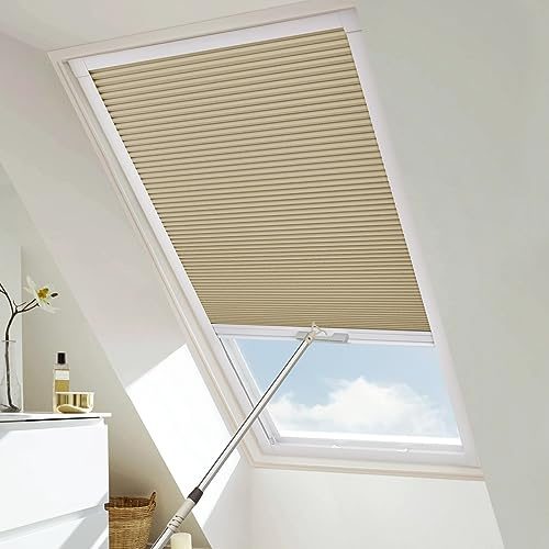 Moonice Cordless Skylight Blinds Blackout Honeycomb Roof Blinds Cellular Pleated Shades for Ceiling Easy to Install Custom Window Shades for Roof Inclined Plane Room (Coffee, Custom Size)