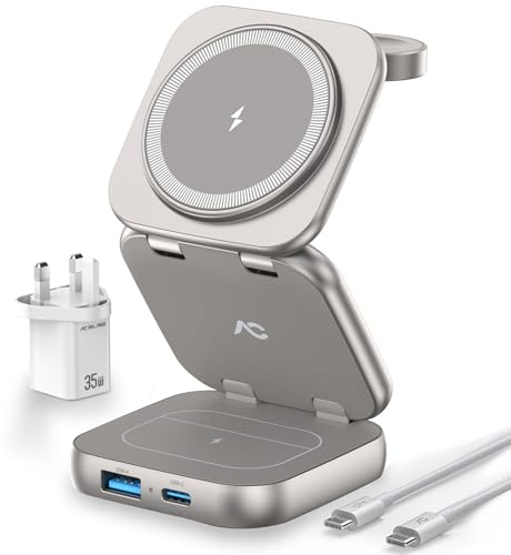 AC Island 5 in 1 Wireless Charging Station, Foldable Mag-Safe Charger Stand, Travel Wireless Charger for iPhone 16/15/14/13/12 Series, Apple Watch S1-10/Ultra 2, for Airpods 4/3/2/Pro (Titanium)