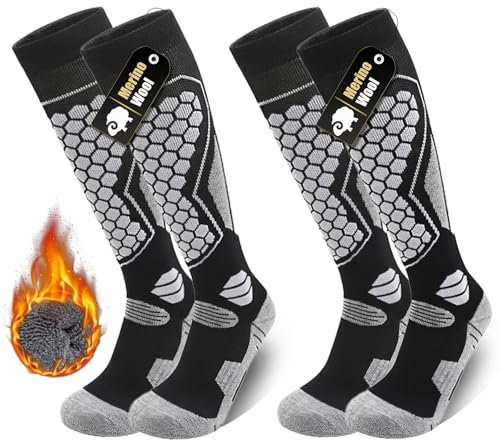 TOKIISHE 2 Paar Merinowolle Skisocken für Herren Damen, Thermo Snowboard Socken Winter Skistrümpfe Kniestrümpfe mit Polsterung für Skifahren, Snowboarden, Schnee, Jagd, Wandern, Outdoor Sport