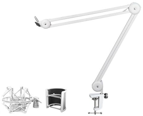 Pluuttiem Mic Arm Stand for Recording,Podcasting,Adjustable Suspension Boom Scissor Arm Stand with Filter,Shock Mount White