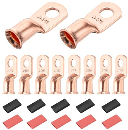 DMiotech 10 Pcs 2 AWG - 5/16 Copper Cable Lugs, Battery Cable Ends, Heavy Duty Copper Wire Lugs with 10pcs Heat Shrink Tubing for Electrical Projects, Copper