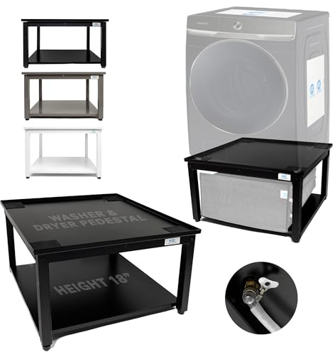 EZ Laundry Black Washing Machine Stand & Dryer Pedestal – Fits 61 CM Wide Front-Load | 41 CM Height Alloy Steel Riser for Back Comfort | Drip Tray & Hose Included | 360 kg Capacity | Universal UK Fit | All Brands Supported, Universal Fit 800 lbs Capacity Steel Stand With Pull Out Shelf for Back Pain Relief, Keeps Space Clean