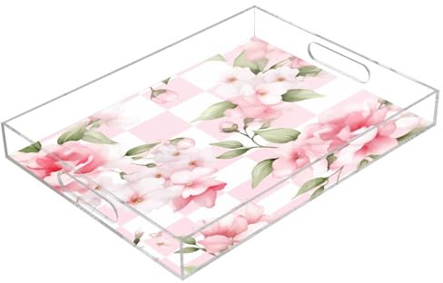 Plateau de service en acrylique avec grille de fleurs roses - Plateau rectangulaire transparent avec poignées - Plateau de service pour table basse, cuisine, salle de bain