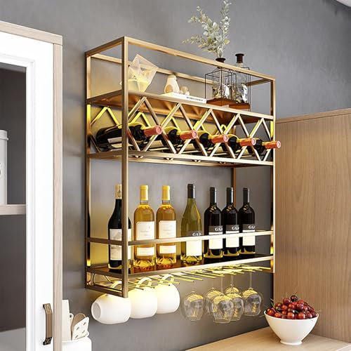 ZYZSY Wandmontiertes Weinregal, Barschrank Bar Regal Wand mit Weinglashalter, Getränkeregal mit LED-Licht Weinständer Esszimmermöbel, ideal für Zuhause, Bar, Küche(Gold)