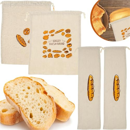 Sacs à Pain Sacs à pain en lin de grande capacité, 4 pièces, sacs de rangement de pain à cordon de serrage, sacs à pain réutilisables, sacs à pâtisserie respirants, aliments faits maison