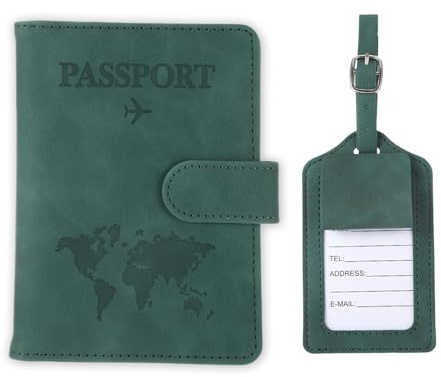 Qiimenguer Reisepasshülle，Passport hülle，Reisepass hülle und Gepäckanhänger aus PU-Leder, Reisepasshalter mit RFID-Klappe für Reisepass, ID-Karten und Reisedokumente (Grün)