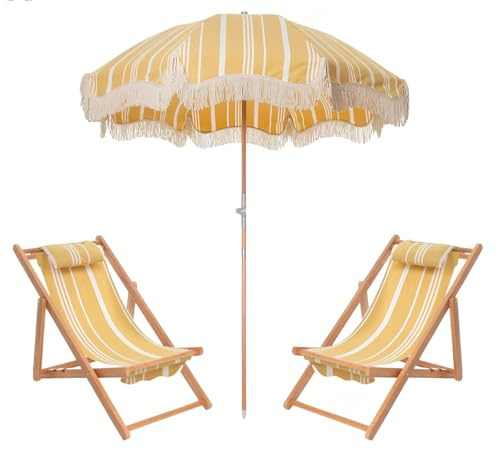 GUOGLZ Garden Parasol, Yellow And White Striped Beach Parasols With Fringe Sun Umbrella With Tilt Outdoor Umbrellas For Lawn Deck(Yellow)