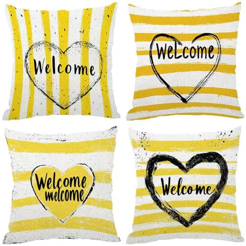Fodere Cuscini da Esterno Impermeabili, Giallo Federe Cuscini Divano 70x70 Quadrate Set di 4, Doppia Faccia Stampa Lino Cushion Covers Retro Cerniera Invisibile per Aesthetic Room Decor, Regalo Z-365
