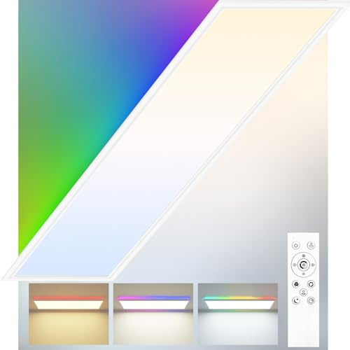 Peasur LED Deckenleuchte Flach mit Fernbedienung, 42W 4600LM Deckenlampe mit 7 RGB Farbwechsel Hintergrundbeleuchtung Panel Lang, 120x30cm 3000K-6500K Dimmbar für Küche Schlafzimmer Wohnzimmer