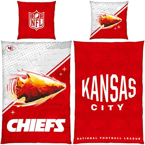 NFL Kansas City Chiefs Bed Linen Chiefs Kingdom 135 x 200 cm + 80 x 80 cm 100% Cotton Renforcé Linon American Football Reversible Bed Linen YKK Zip Fan Item