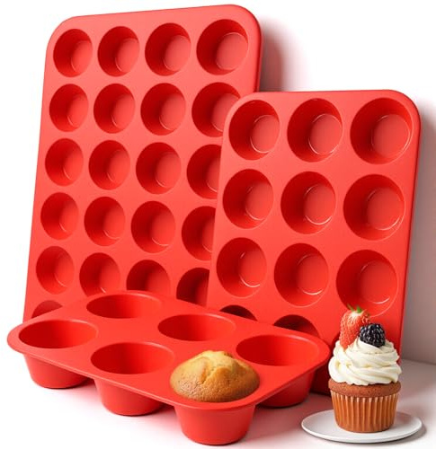 Oqqlin 3 Pcs Silicone Muffin Pan Set, Silicone Muffin Pans for Baking Red 24/12/6 Cups Mini/Regular/Jumbo Non-Stick Cupcake Pan for Kitchens, Restaurants, Bakeries