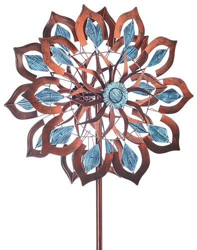 Kobolo Windrad Dekostecker Fiore | 61x23x213 cm | Metall | braun-blau | modernes Garten-Windspiel | XXL Metallwindrad für Gartendeko, Vorgarten & Outdoor-Dekoration | robuster Gartenstecker