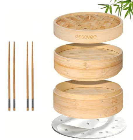 Bamboo Steamer 2 Tier 8-Inch Steaming Basket, Bun Vegetable Steam, Dumpling Steamer Bamboo Steam Basket, Chopsticks, Reusable 50 Liners, Small Instant Steaming Cookware for Chinese Asian Cuisine